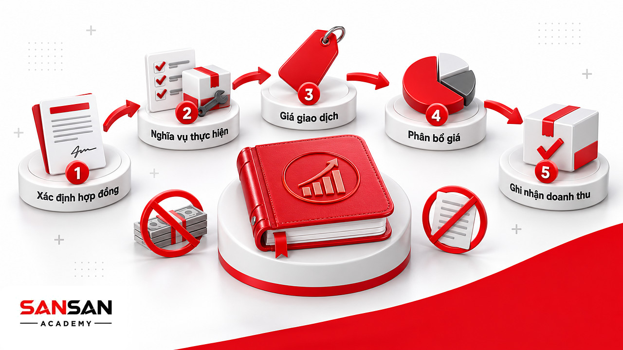 Năm trạm đánh số quanh sổ doanh thu theo IFRS 15: hợp đồng, nghĩa vụ thực hiện, giá, phân bổ và ghi nhận