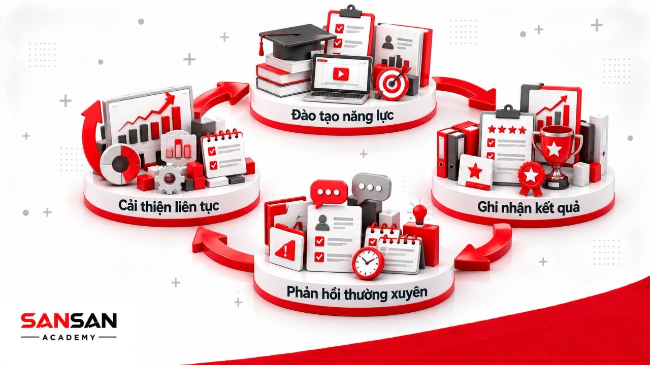 Cách nâng cao hiệu suất làm việc qua đào tạo đúng khoảng cách năng lực, ghi nhận, phản hồi thường xuyên và quản trị hiệu suất liên tục.