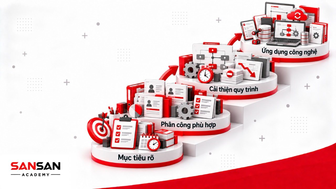 Cách nâng cao hiệu suất làm việc bằng mục tiêu rõ ràng, phân công đúng năng lực, cải thiện quy trình và ứng dụng công nghệ phù hợp.