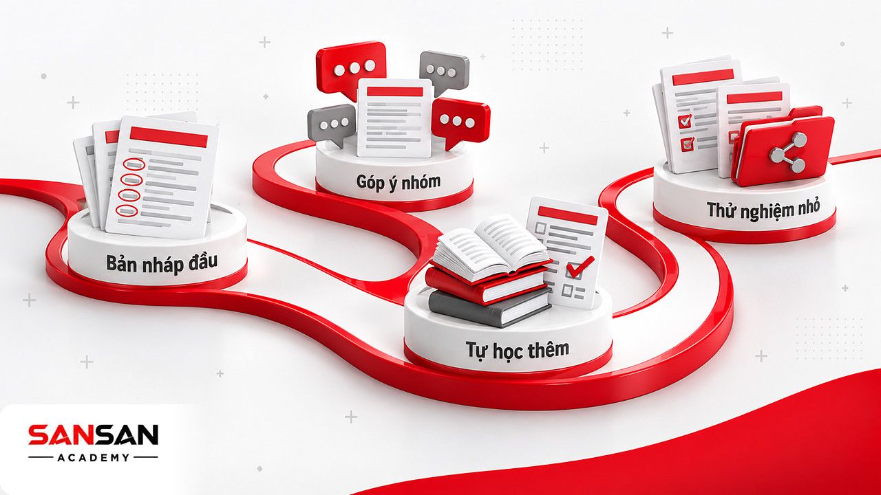 Lối đi bốn cột mốc từ bản nháp phiếu khảo sát, góp ý nhóm đến bản thử nghiệm, minh chứng năng lực tự học