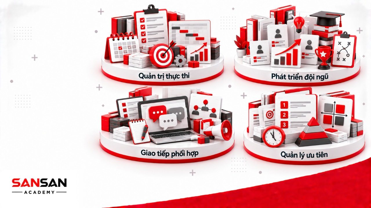 Năng lực quản lý cấp trung gồm quản trị thực thi, phát triển đội ngũ, giao tiếp, phối hợp và sắp xếp ưu tiên công việc.
