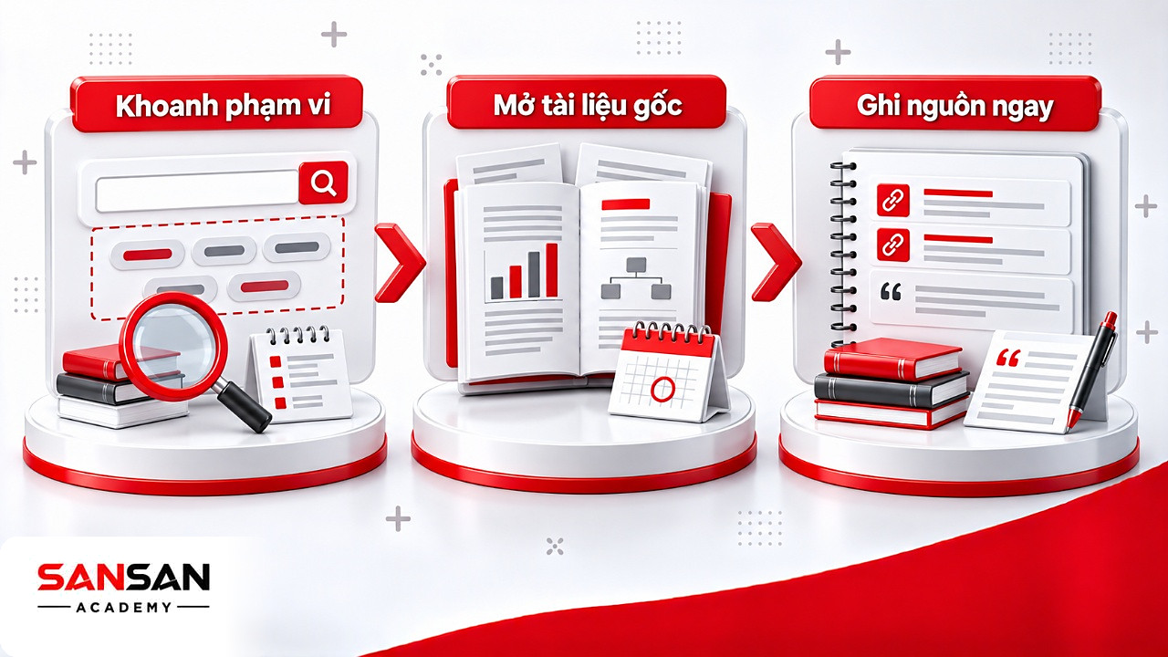 Dòng chảy ba chặng tìm và kiểm chứng tài liệu bằng năng lực số: khoanh phạm vi, mở tài liệu gốc, ghi nguồn
