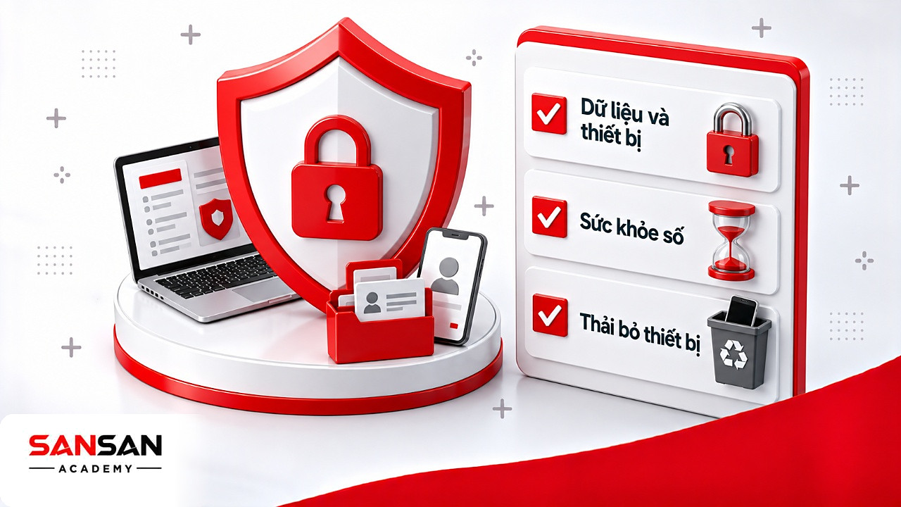 Khiên năng lực số bảo vệ dữ liệu, thiết bị cùng danh sách kiểm tra quyền riêng tư, thời gian dùng và thải bỏ máy cũ