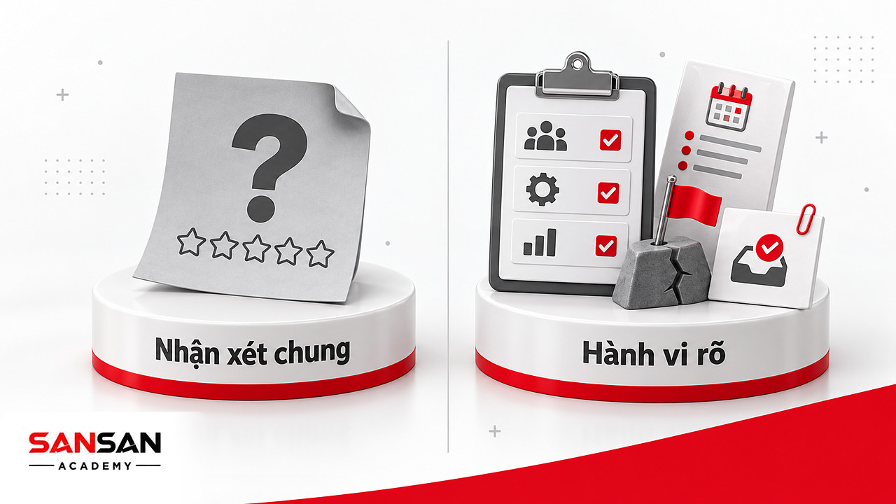 Bên trái tờ ghi chú dấu hỏi, bên phải bảng ba hành vi cụ thể giúp đánh giá thái độ trong năng lực làm việc