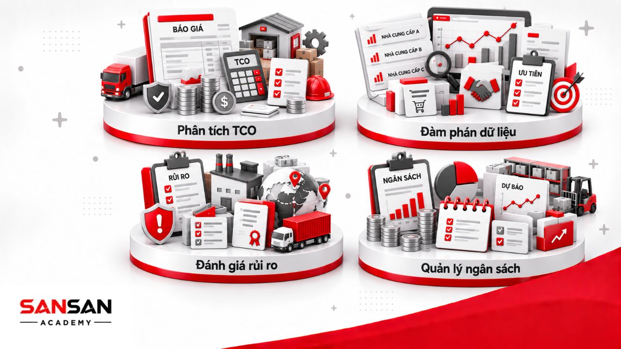 Năng lực trưởng phòng mua hàng về phân tích tổng chi phí sở hữu, đàm phán dữ liệu, đánh giá rủi ro nguồn cung và quản lý ngân sách.