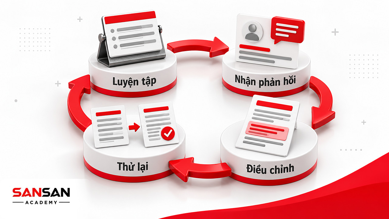 Vòng tròn bốn trạm luyện tập, nhận phản hồi, điều chỉnh và thử lại giúp năng lực diễn đạt tiến bộ