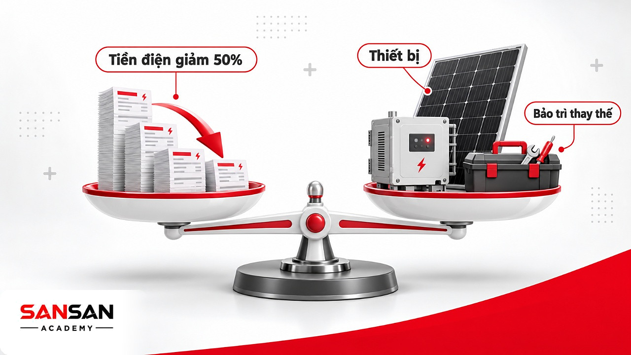 Cán cân giữa hóa đơn tiền điện giảm và chi phí tấm pin, trạm biến áp, bảo trì khi đầu tư năng lượng xanh