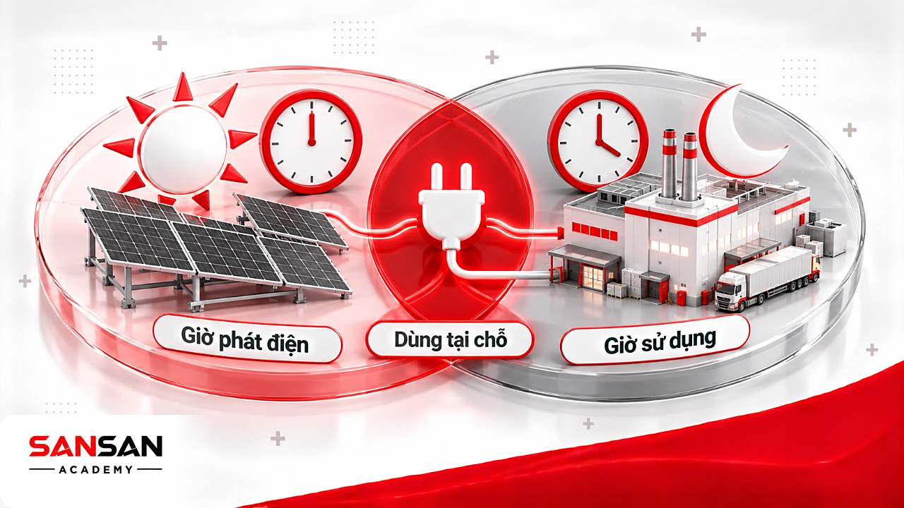 Hai vòng giờ phát điện mặt trời và giờ sử dụng của nhà máy giao nhau ở phần dùng tại chỗ của năng lượng xanh