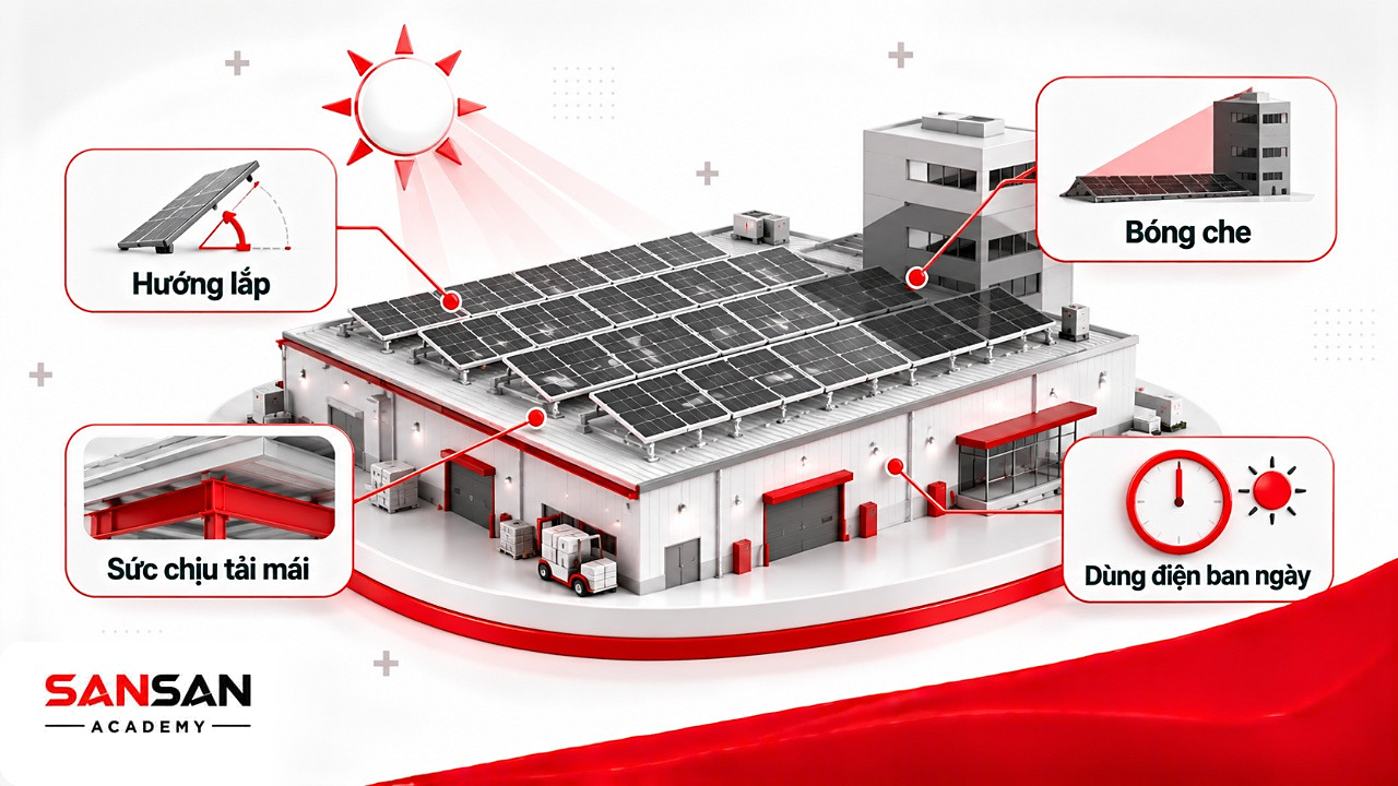 Mái nhà xưởng lắp điện mặt trời với chú thích hướng lắp, bóng che và sức chịu tải mái của năng lượng xanh