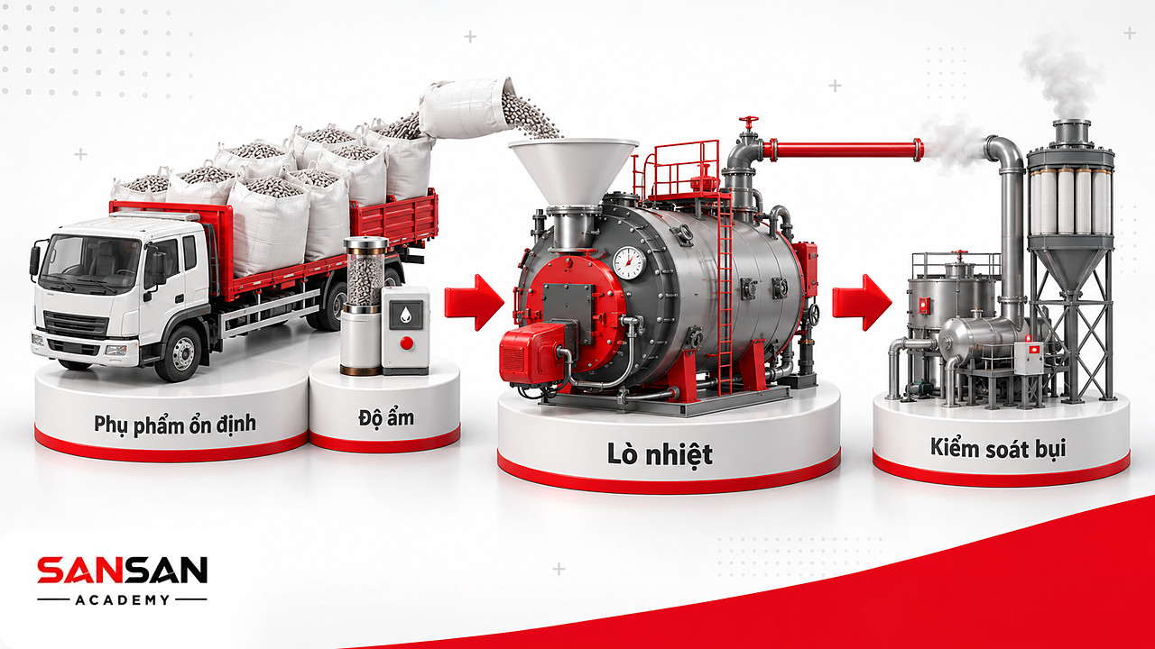 Phụ phẩm sinh khối qua lò thành nhiệt cho dây chuyền, kèm đo độ ẩm và lọc bụi trong năng lượng xanh