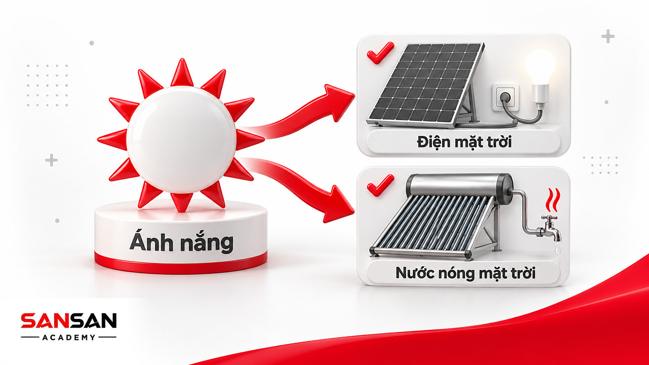 Ánh nắng tỏa thành hai nhánh điện mặt trời và nước nóng mặt trời, hai dạng sử dụng năng lượng xanh
