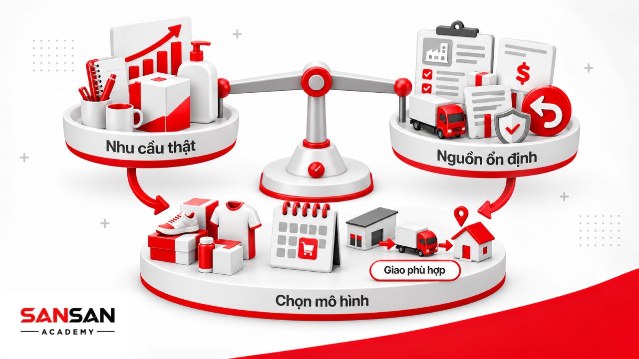 Gợi ý chọn sản phẩm bán hàng online dựa trên nhu cầu, nguồn cung, khả năng giao hàng và mô hình có sẵn, đặt trước hoặc không giữ kho.