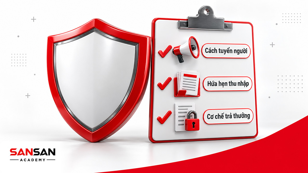 Khiên đỏ cạnh danh sách kiểm tra cách tuyển người, hứa hẹn thu nhập, trả thưởng khi xét Network Marketing là an toàn không