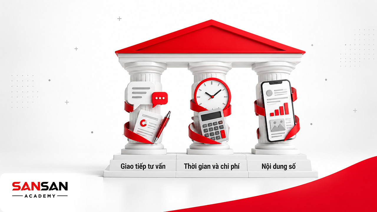 Ngôi đền ba cột tư vấn, quản lý thời gian chi phí và nội dung số, cho thấy Network Marketing là nghề cần kỹ năng