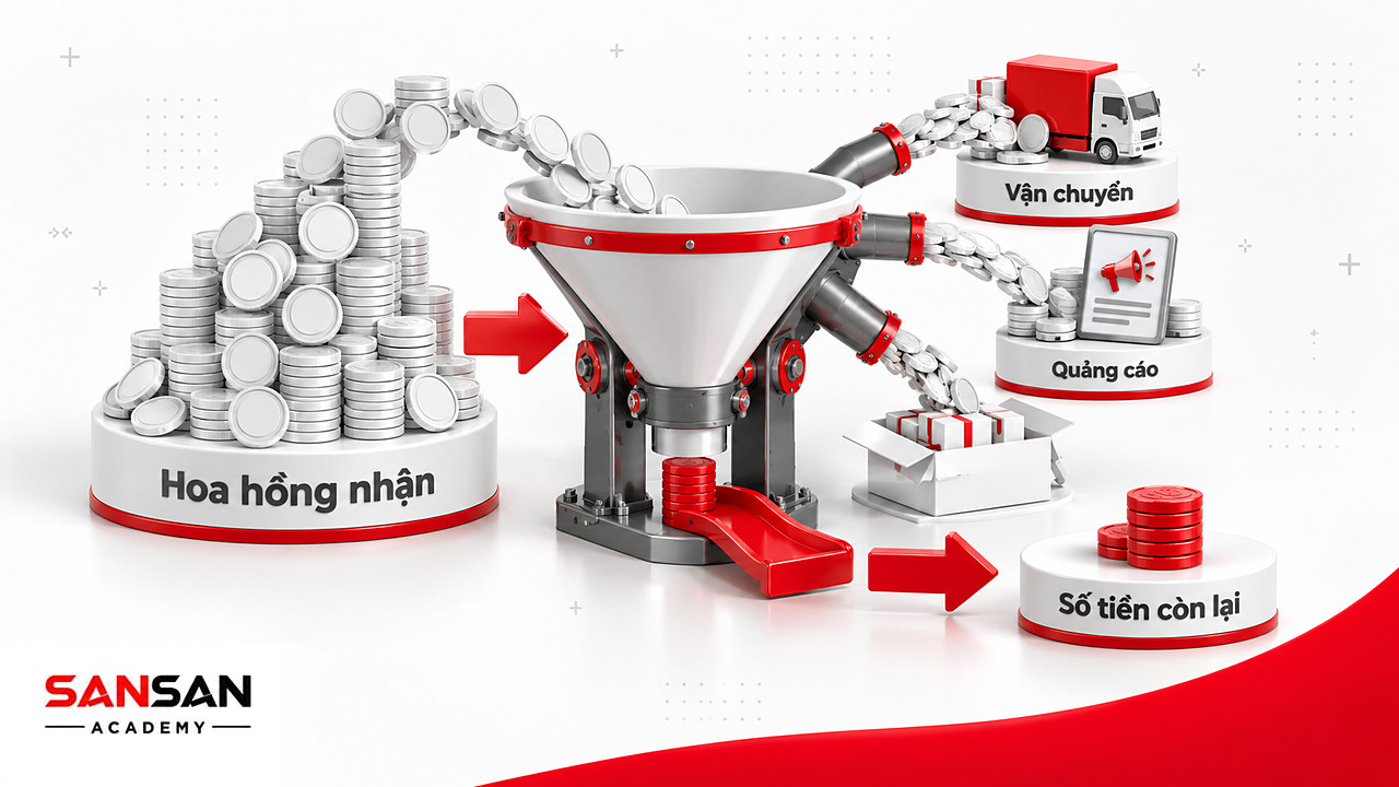 Phễu cho thấy hoa hồng bị trừ vận chuyển và quảng cáo, nhắc rằng Network Marketing là việc kinh doanh có chi phí