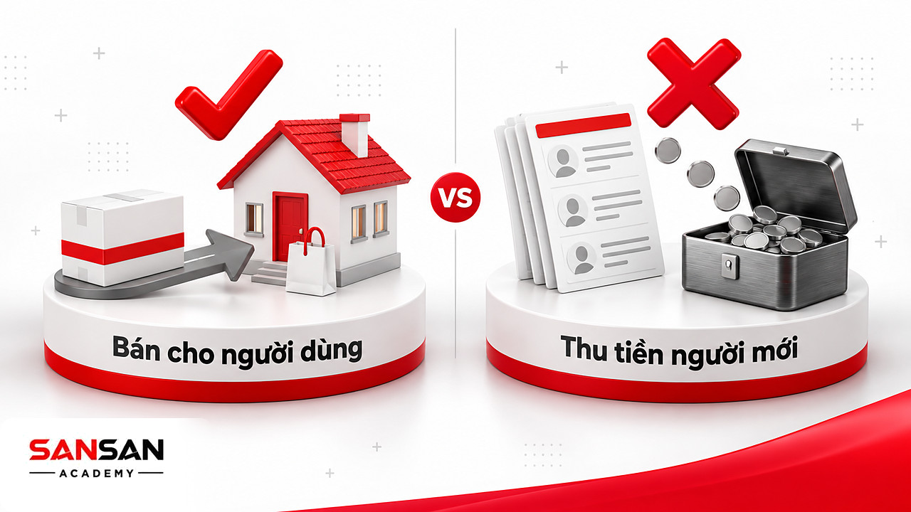 Hai nửa bảng so sánh tiền từ bán sản phẩm với tiền thu từ người mới, phân định Network Marketing là gì