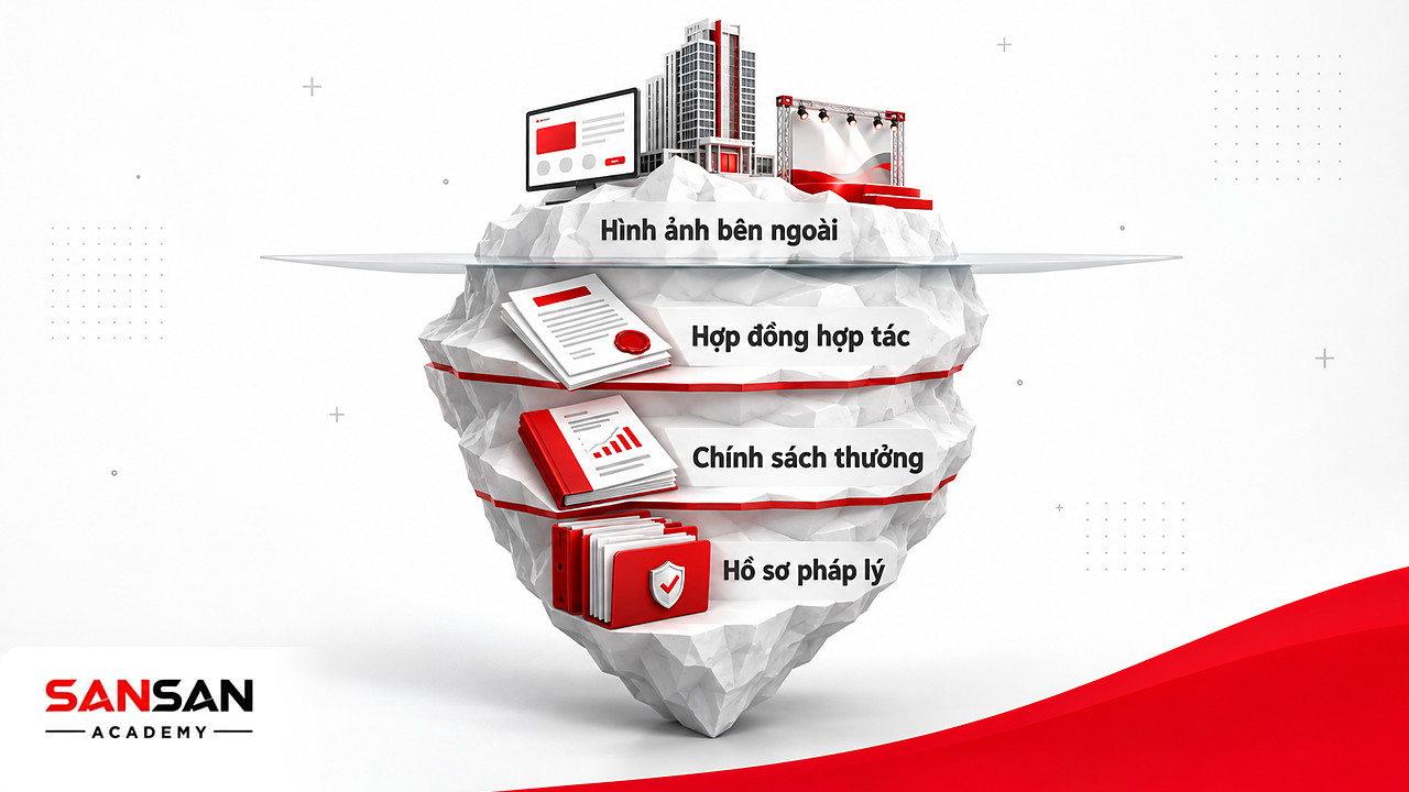 Tảng băng với website và văn phòng ở trên, hợp đồng và hồ sơ pháp lý ở dưới, khi xét Network Marketing là hợp pháp không