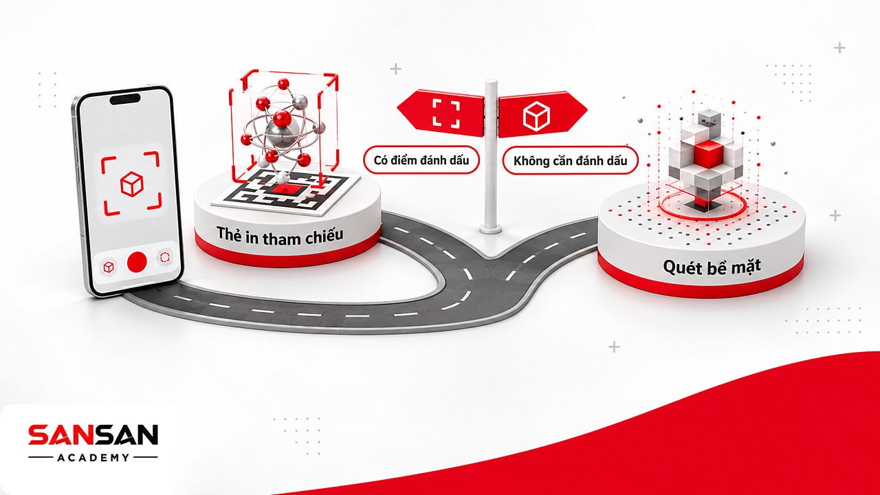 Ngã rẽ giữa AR dựa trên thẻ in điểm đánh dấu và AR quét bề mặt không cần điểm đánh dấu