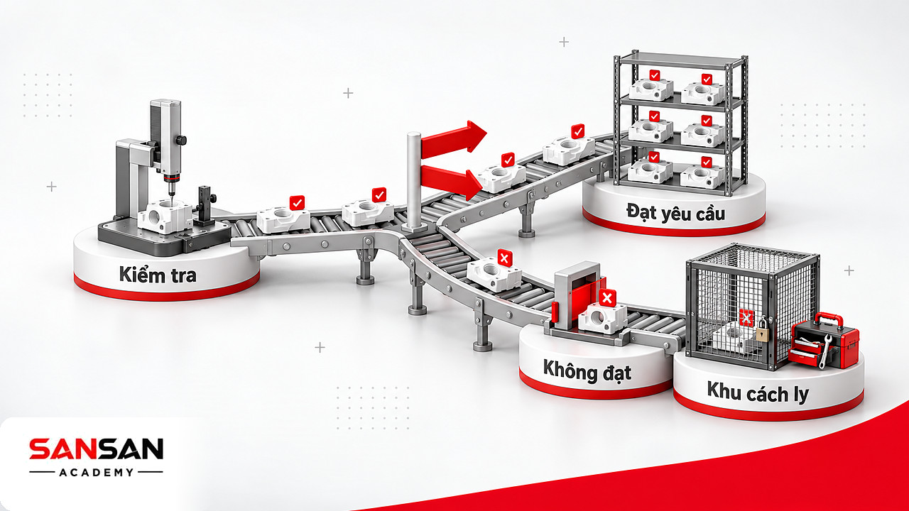 Ngã rẽ sau trạm kiểm tra: hàng đạt lên kệ, hàng không đạt vào khu cách ly trong quy trình sản xuất