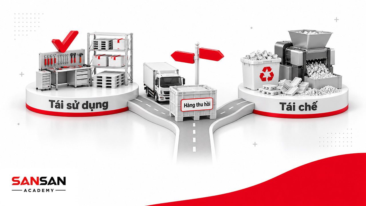 Thùng hàng thu hồi ở ngã rẽ tới bàn sửa chữa tái sử dụng hoặc thùng tái chế trong chuỗi cung ứng xanh