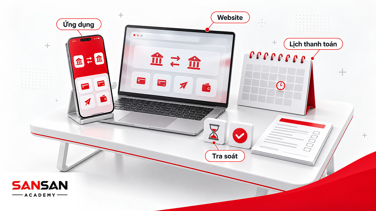 Điện thoại và laptop mở BIDV SmartBanking cạnh lịch thanh toán tự động và phiếu yêu cầu tra soát