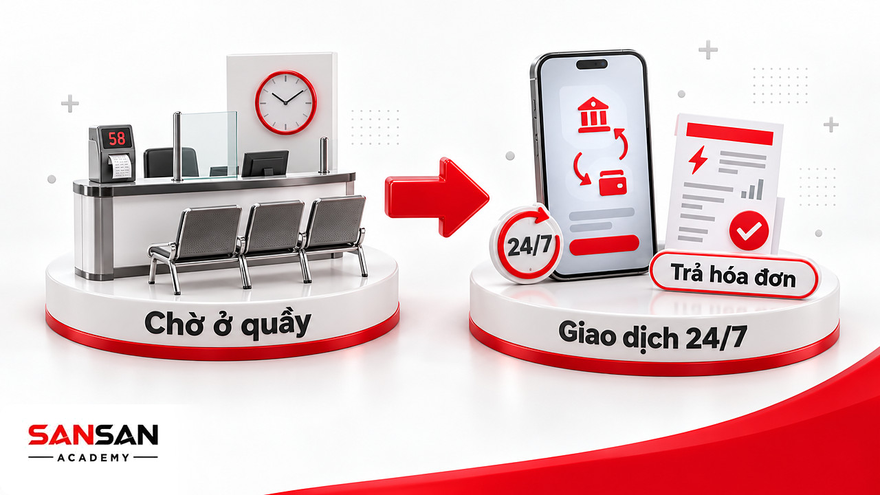 Quầy giao dịch có số thứ tự và đồng hồ đặt cạnh điện thoại chuyển tiền, trả hóa đơn qua ngân hàng số