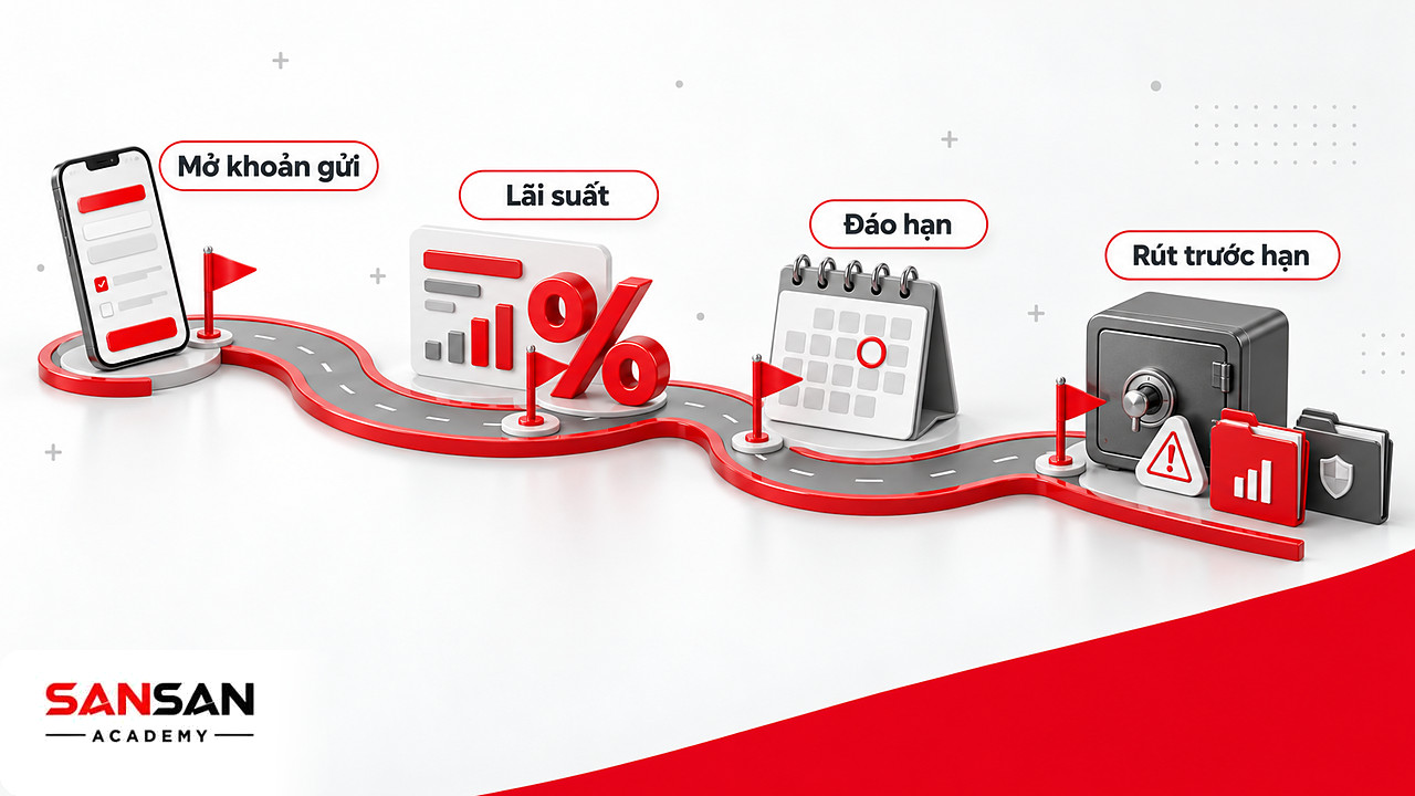 Lộ trình gửi tiết kiệm trên ngân hàng số qua mở khoản gửi, lãi suất, ngày đáo hạn và điều kiện rút trước hạn