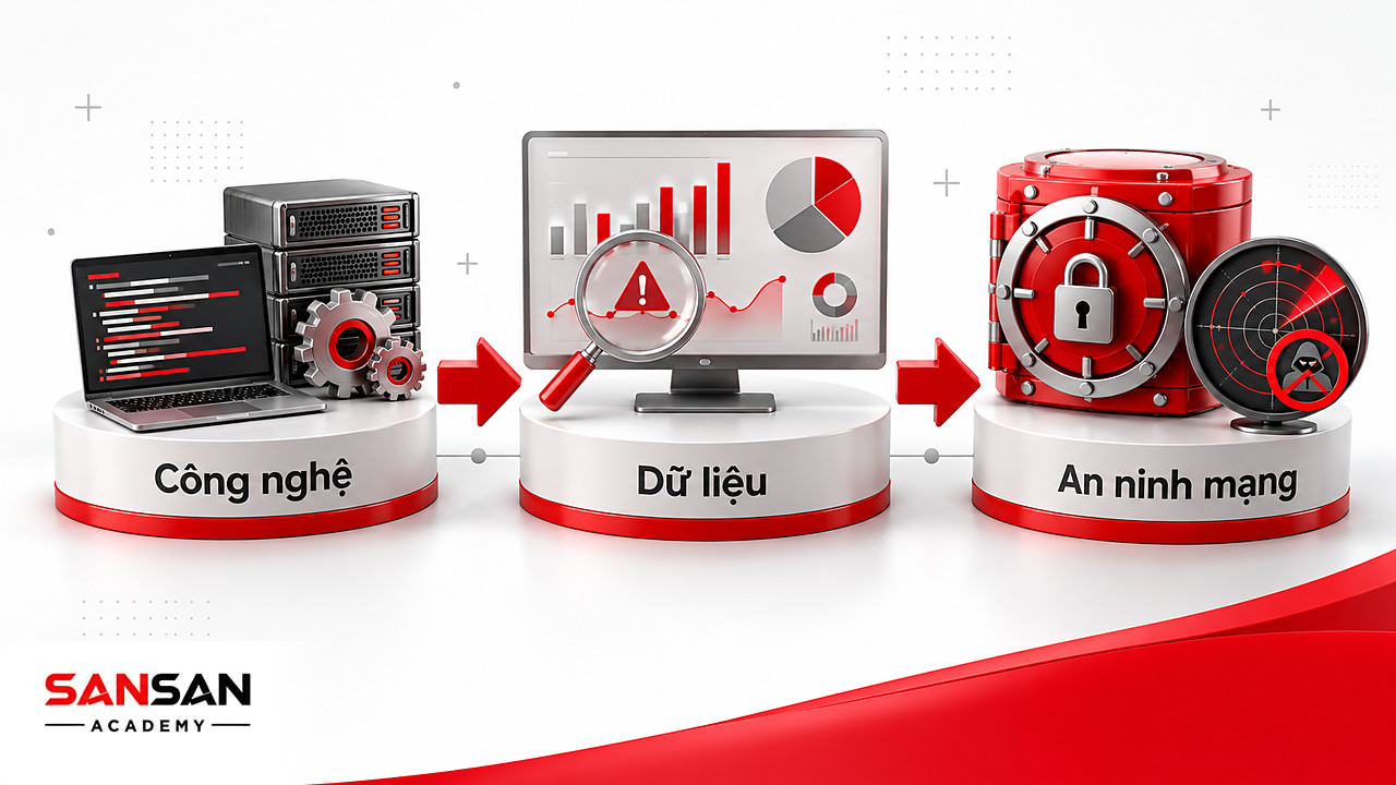 Ba bệ nghề ngân hàng số gồm công nghệ với máy chủ, phân tích dữ liệu và két khóa an ninh mạng