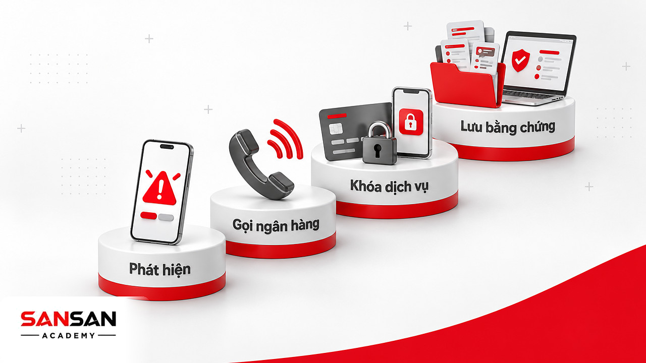 Các bậc xử lý giao dịch bất thường gồm cảnh báo, gọi ngân hàng, khóa dịch vụ và lưu bằng chứng