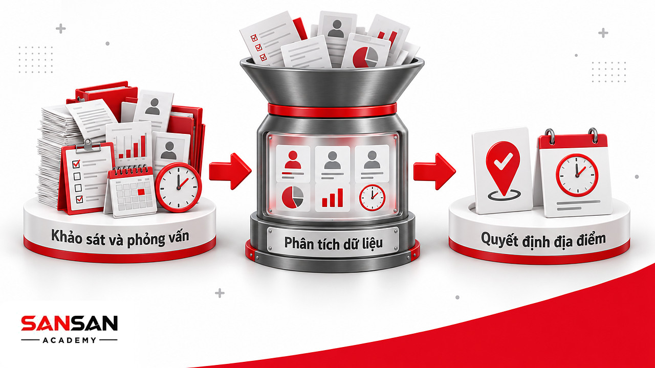 Phễu biến dữ liệu khảo sát thành quyết định địa điểm, minh họa nghiên cứu thị trường trong ngành Marketing