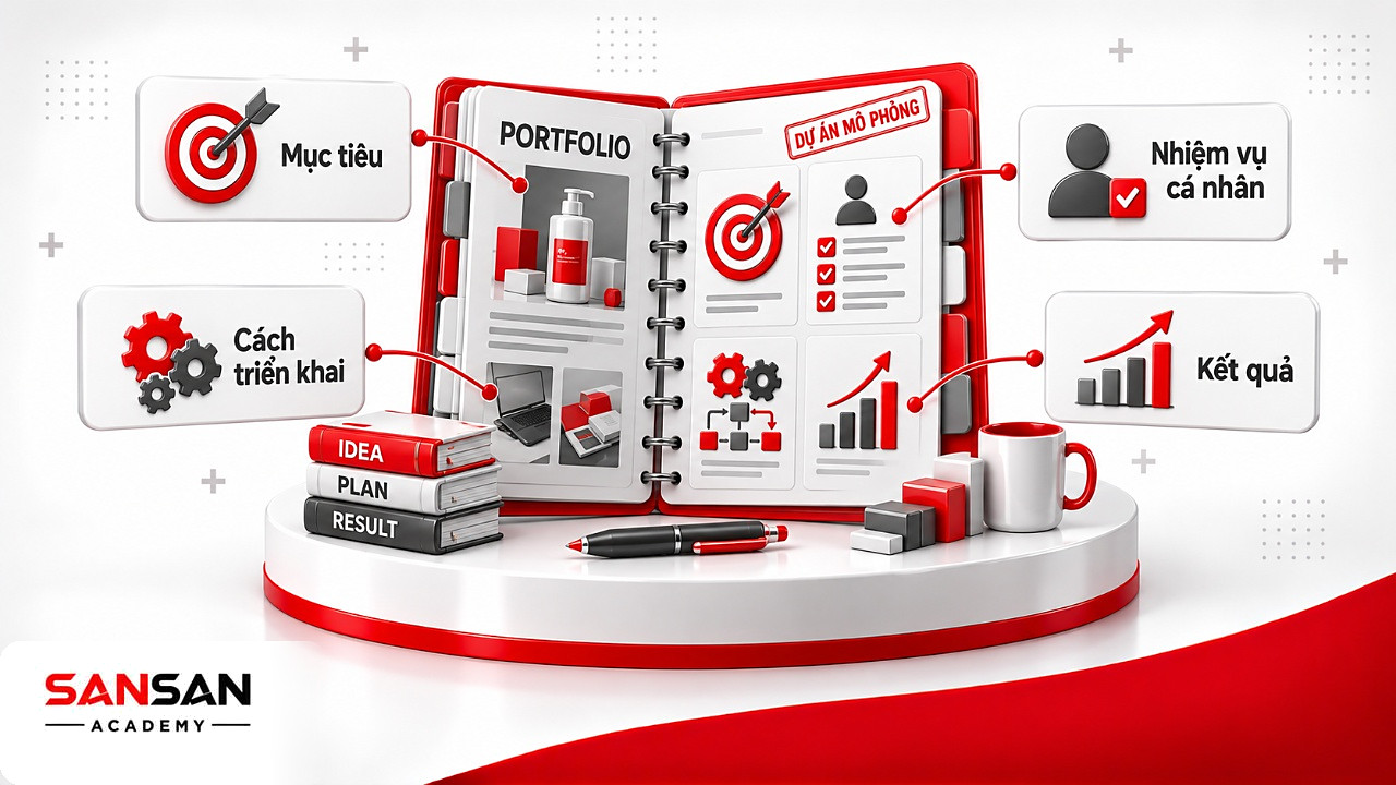 Hồ sơ portfolio của sinh viên ngành Marketing với các phần mục tiêu, nhiệm vụ, cách làm và kết quả