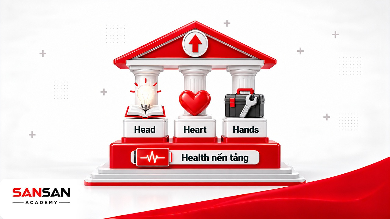 Ngôi đền mô hình 4H với ba cột Head, Heart, Hands đứng trên nền Health