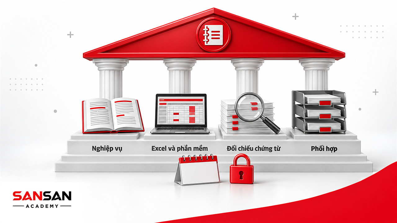 Ngôi đền bốn cột tượng trưng kiến thức và kỹ năng của kế toán bán hàng: nghiệp vụ, Excel, chứng từ, phối hợp