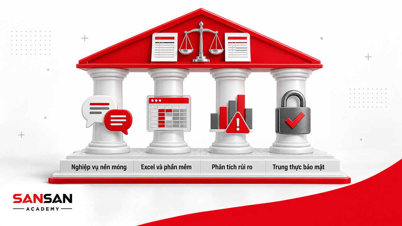 Ngôi đền có nền nghiệp vụ và bốn cột trụ thể hiện kiến thức, kỹ năng cần có của kế toán công nợ
