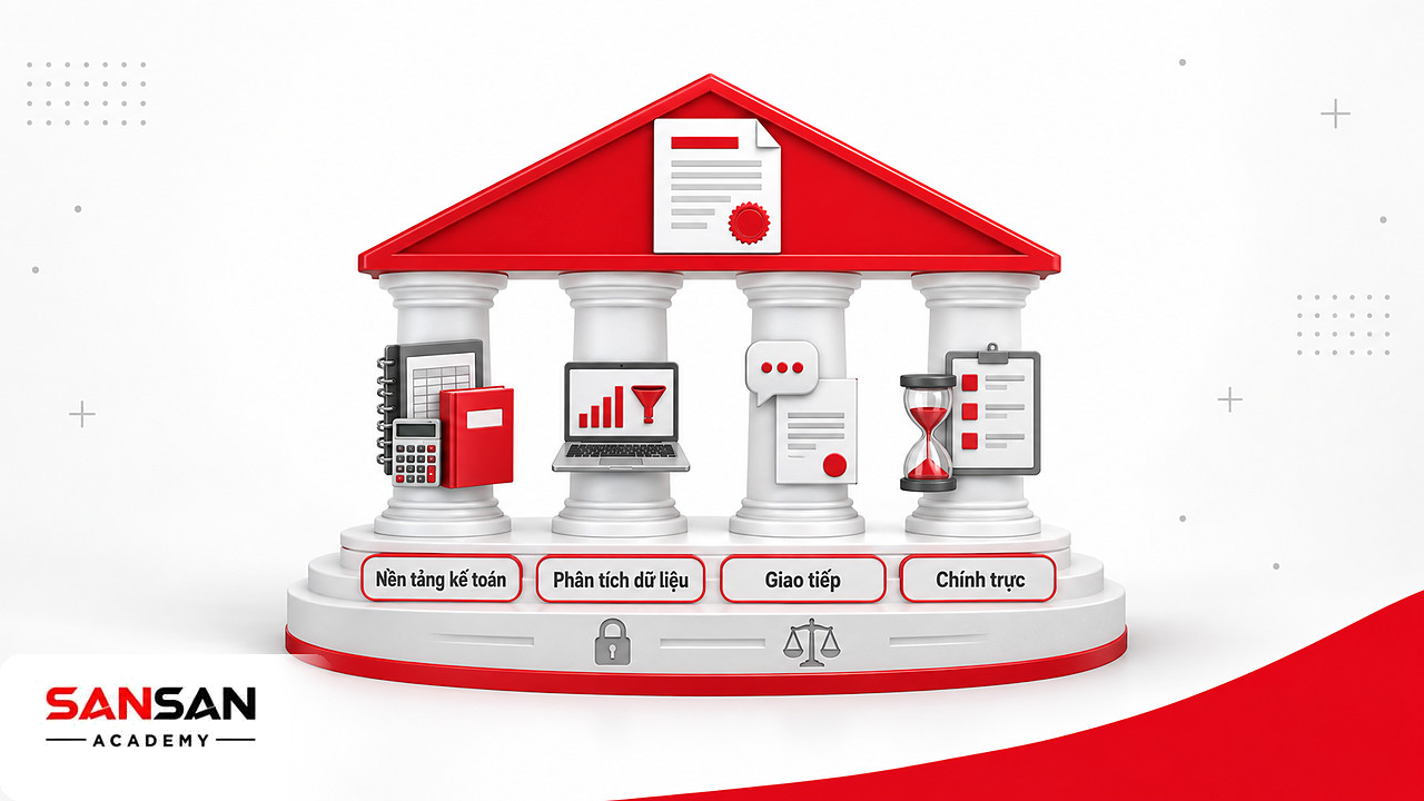 Ngôi đền cột trụ kỹ năng kiểm toán gồm kế toán, phân tích dữ liệu, giao tiếp, quản lý thời gian trên nền chính trực