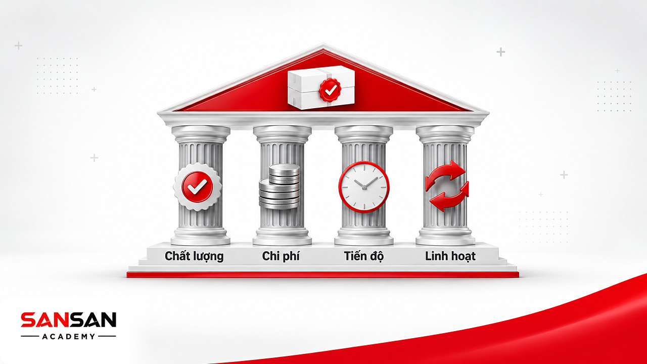 Ngôi đền bốn cột chất lượng, chi phí, tiến độ và linh hoạt đỡ sản phẩm, mục tiêu của quản trị sản xuất