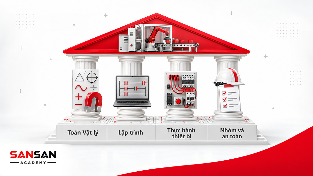 Ngôi đền bốn cột trụ thể hiện nền tảng học tự động hóa gồm Toán Vật lý, lập trình, thực hành và an toàn
