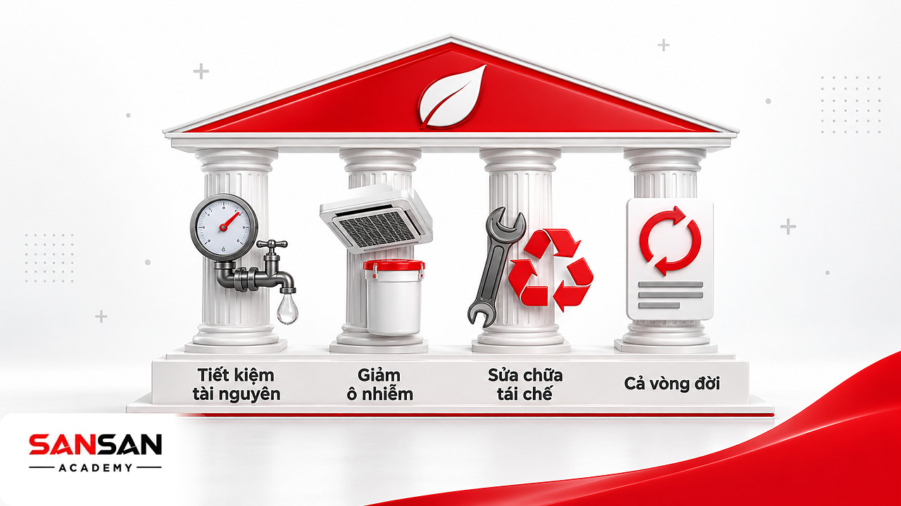 Ngôi đền bốn cột nguyên tắc công nghệ xanh: tiết kiệm tài nguyên, giảm ô nhiễm, sửa chữa tái chế, xét cả vòng đời
