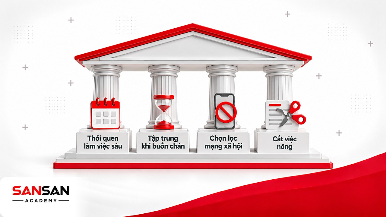 Ngôi đền bốn cột thói quen, chịu buồn chán, chọn lọc mạng xã hội và cắt việc nông của Deep Work