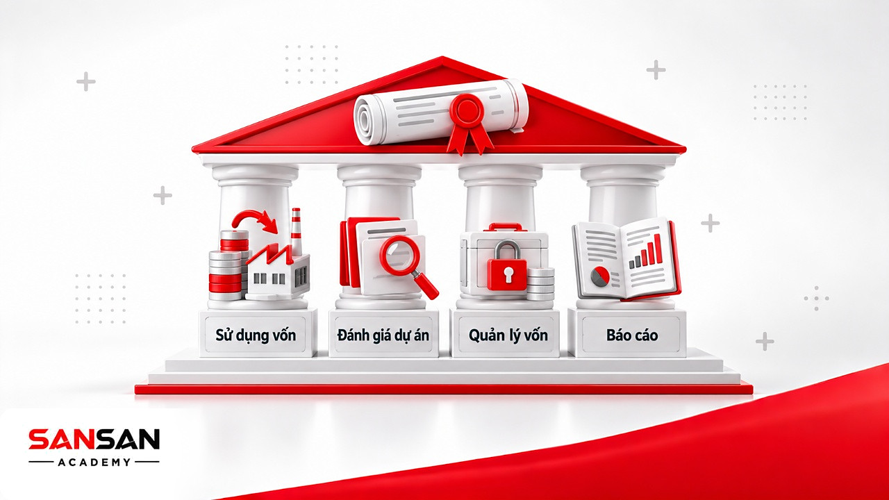Ngôi đền bốn cột sử dụng vốn, đánh giá dự án, quản lý vốn và báo cáo nâng trái phiếu trong tài chính xanh