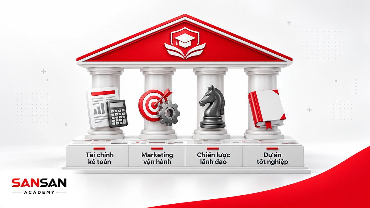 Ngôi đền bốn cột trụ thể hiện các nhóm nội dung học MBA từ tài chính, marketing đến chiến lược và dự án
