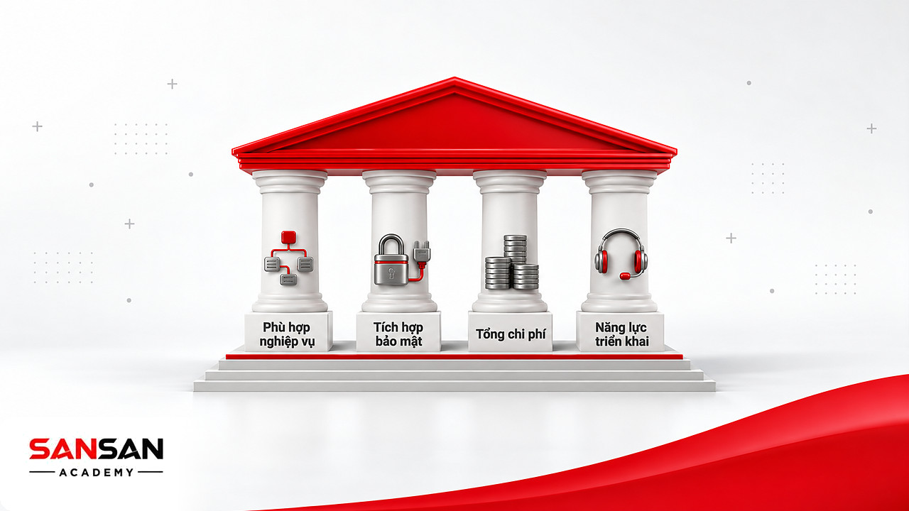 Ngôi đền bốn cột tiêu chí chọn hệ thống ERP: nghiệp vụ, tích hợp bảo mật, tổng chi phí và năng lực triển khai