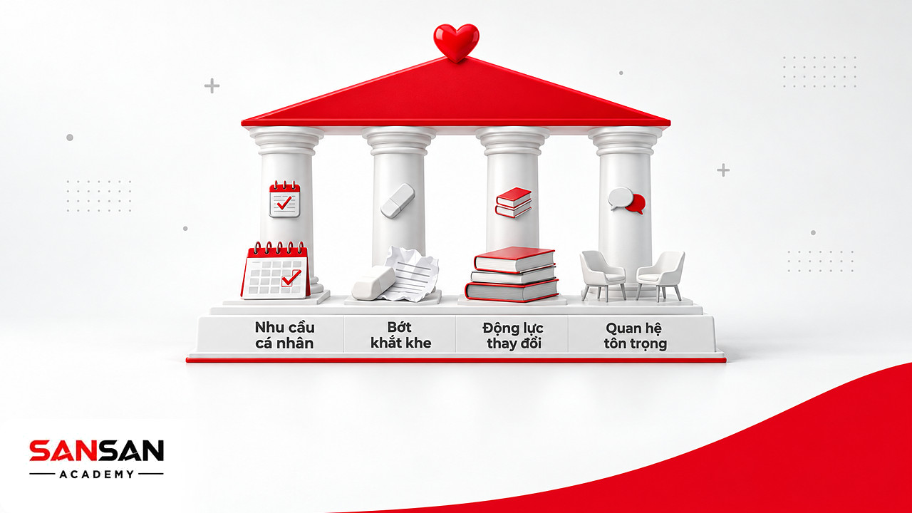 Ngôi đền bốn cột nhu cầu cá nhân, bớt khắt khe, động lực và quan hệ tôn trọng nâng đỡ việc yêu bản thân