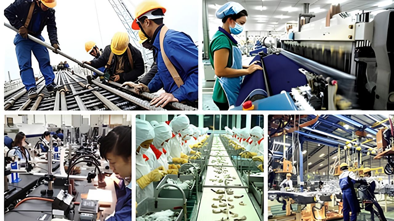 Người lao động tại công trường xây dựng, nhà máy may mặc, dây chuyền chế biến thực phẩm và xưởng sản xuất, minh họa nhu cầu tiếp cận nguồn vốn phù hợp để phát triển sinh kế và ổn định thu nhập.