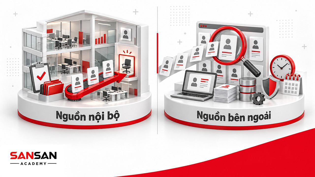 Hai nguồn tuyển dụng nhân sự: hồ sơ nhân viên nội bộ và hồ sơ ứng viên từ thị trường lao động bên ngoài.