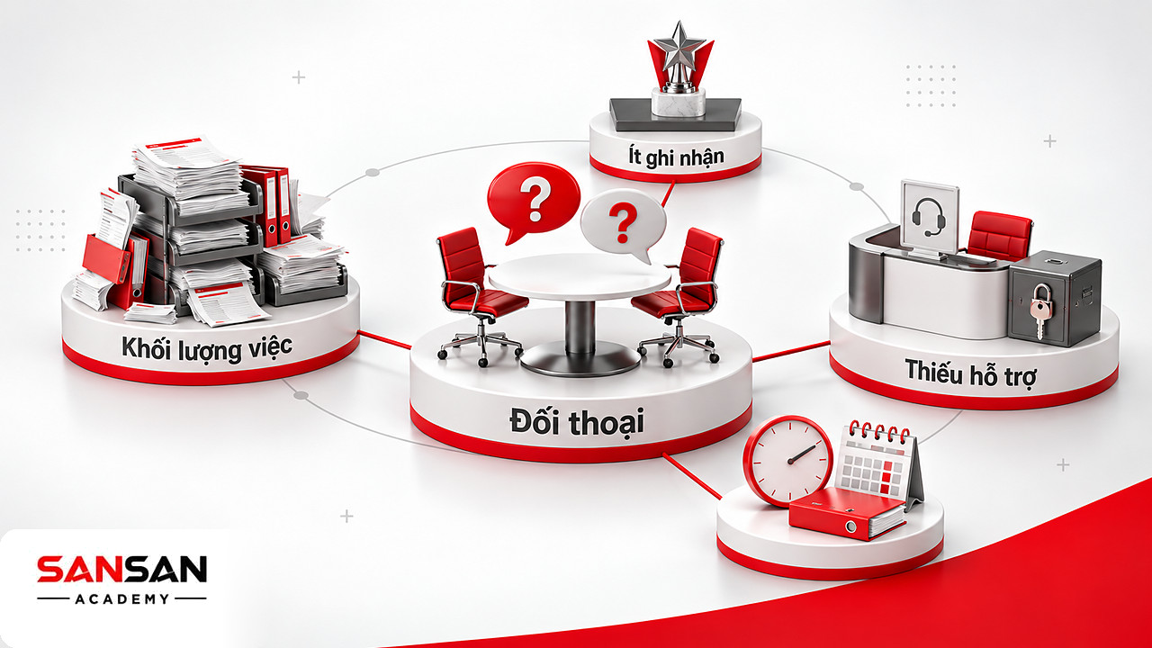 Sơ đồ nguyên nhân quiet quitting với bàn đối thoại ở giữa, khay việc quá tải, thiếu hỗ trợ và ít được ghi nhận.
