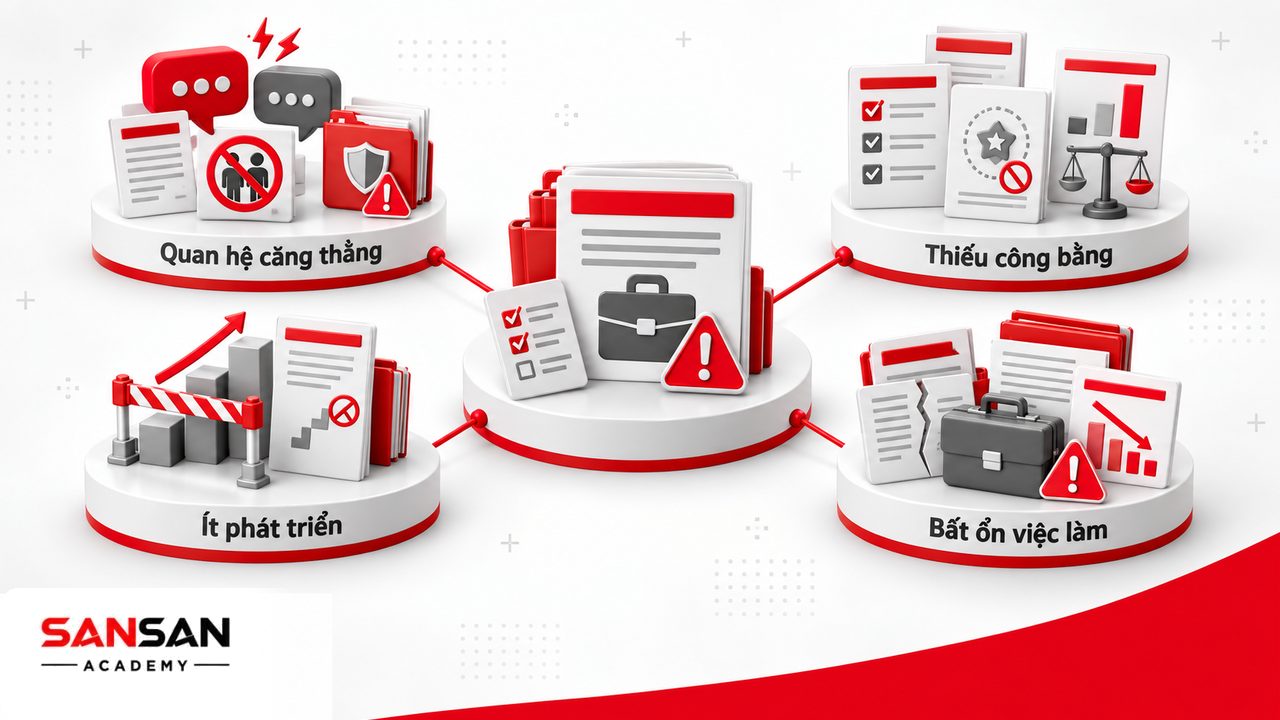 Nguyên nhân stress công việc từ xung đột, quản lý thiếu hỗ trợ, thiếu công bằng, ít cơ hội phát triển và bất ổn nghề nghiệp.