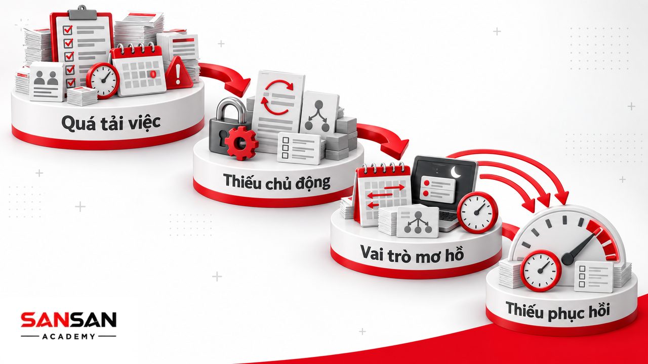 Nguyên nhân stress công việc từ khối lượng quá tải, thời hạn gấp, thiếu quyền chủ động, vai trò không rõ và thời gian phục hồi không đủ.