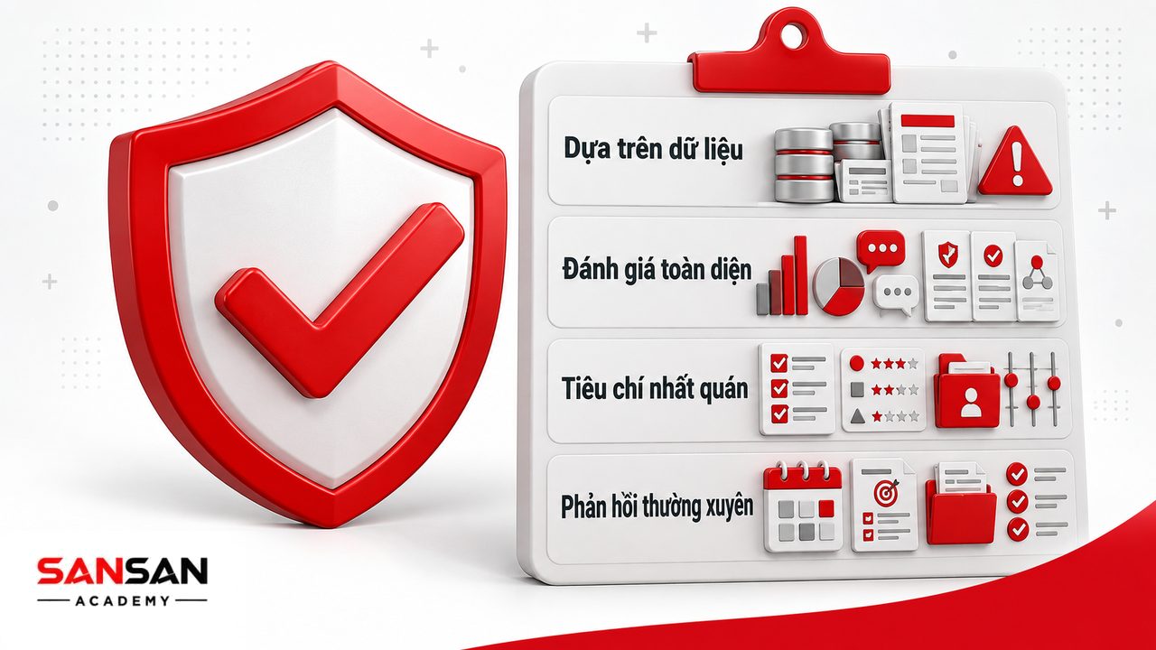Nguyên tắc đánh giá nhân viên công bằng gồm dùng dữ liệu, xem xét toàn diện, áp dụng tiêu chí nhất quán và phản hồi định kỳ.