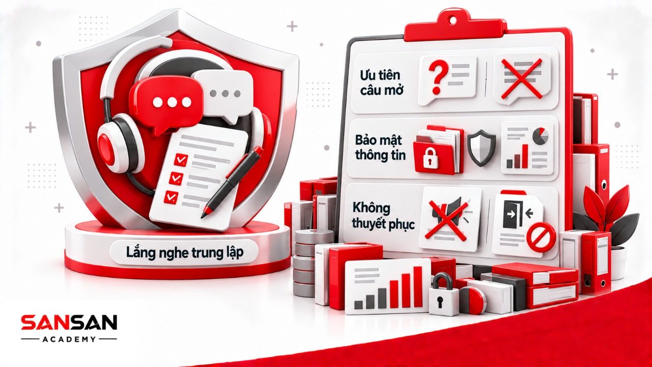 Nguyên tắc Exit Interview gồm lắng nghe không phán xét, dùng câu hỏi mở, không tranh luận, bảo mật và tách việc giữ chân khỏi phỏng vấn nghỉ việc.